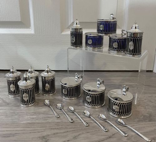 Rare Edwardian Twelve Piece Solid Silver Mustard and Pepper Condiment Set by Elkington 1909
