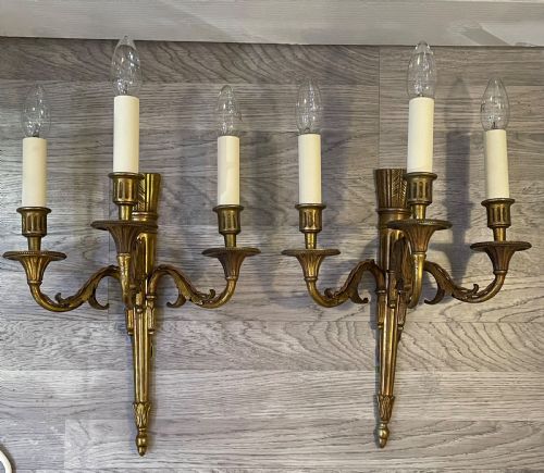 Pair of French Gilded Bronze Three Light Wall Lights