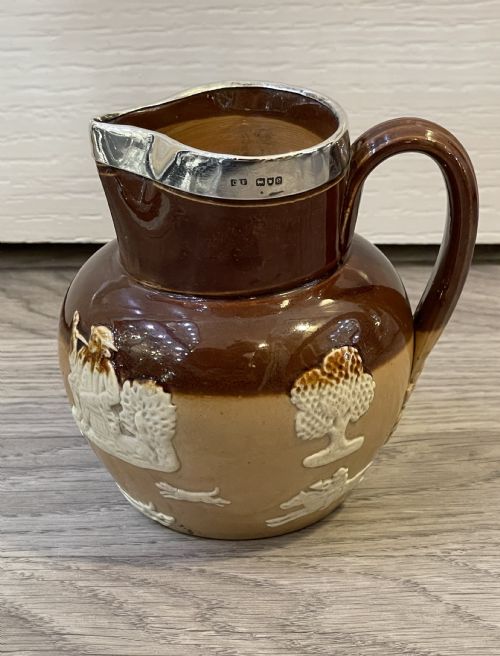 Victorian Doulton Lambeth Stoneware Jug with Silver Rim, 1900