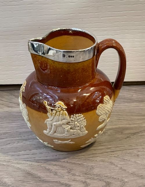 Large Victorian Doulton Lambeth Stoneware Jug with Silver Rim, 1896