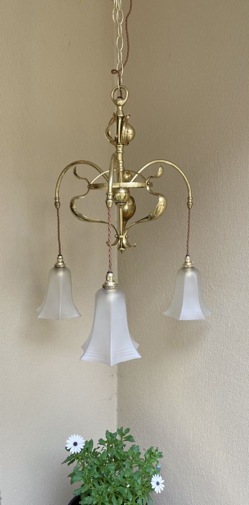 Arts & Crafts Brass Three Arm Chandelier