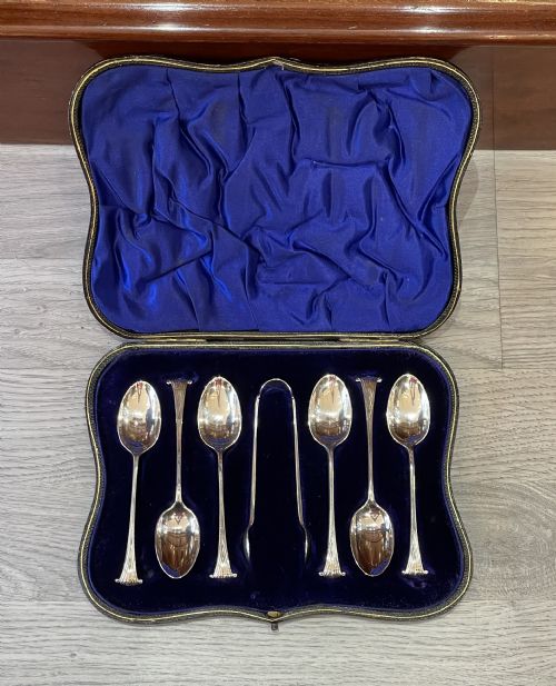 Six Edwardian Solid Silver Onslow Pattern Tea Spoons & Tonge