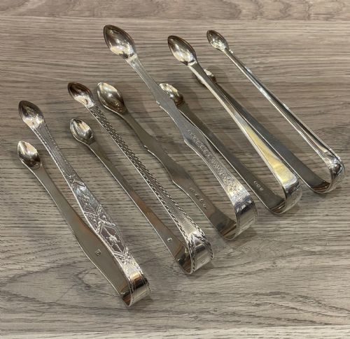 fig 1. Collection of Georgian Solid Silver Sugar Tongs, including by Bateman and Law