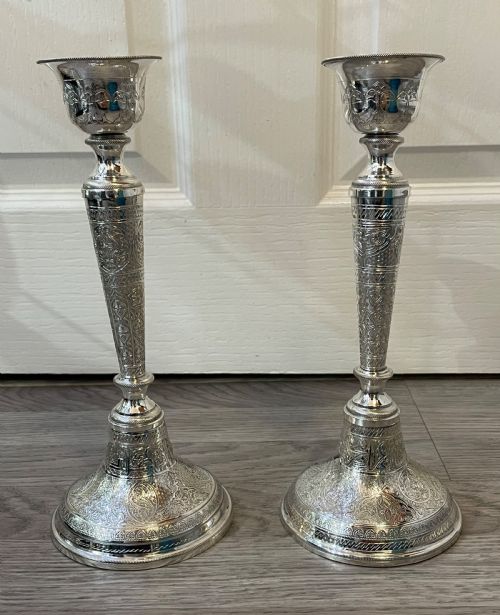 Pair of Egyptian Solid Silver Candlesticks
