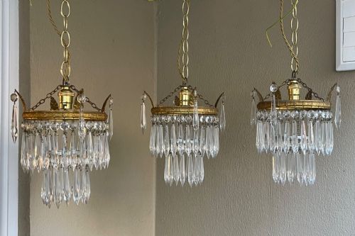 Set Three Gilt Brass & Glass Waterfall Chandeliers