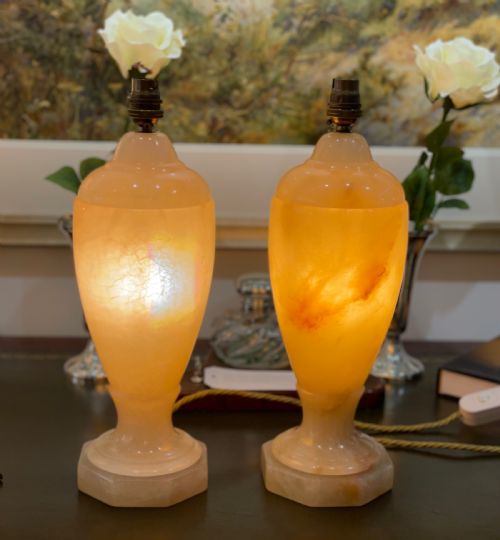 Superb Pair of Twin Bulb Polished Alabaster Table Lamps, Circa 1930