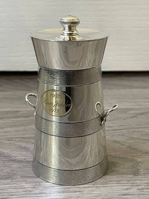 Solid Silver Pepper Grinder in Form of Milk Churn, Queens Silver Jubilee