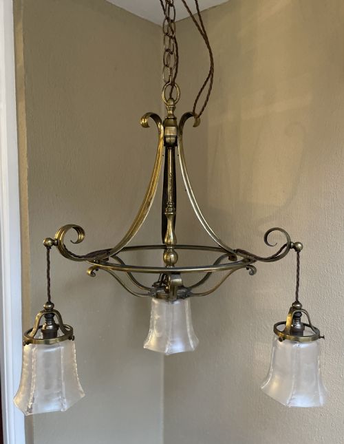 Impressive Four Light Arts & Crafts Brass Chandelier