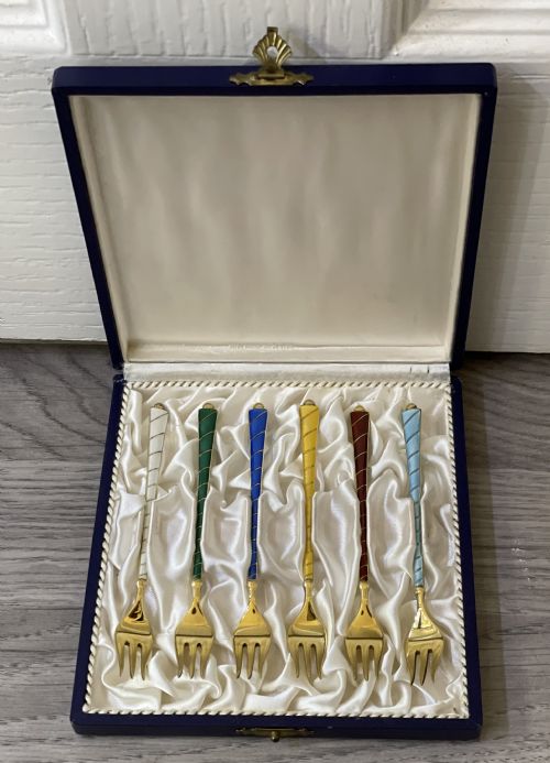 Six Danish Gilt Guilloche Enamel Silver Cocktail Forks