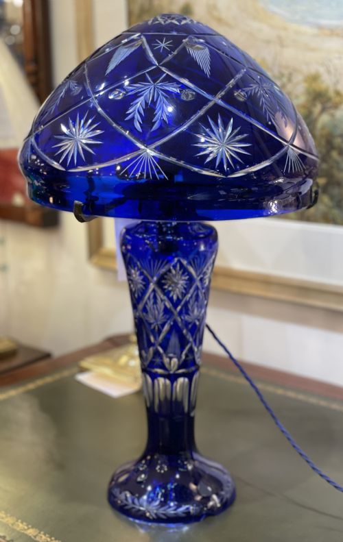 Cobalt Blue Cut Glass Mushroom Lamp