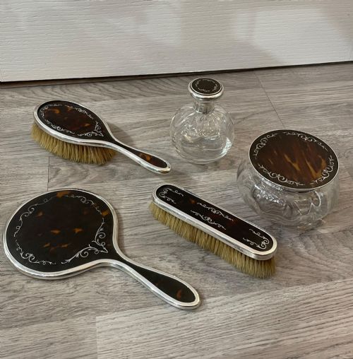 George V Solid Silver and Tortoiseshell Five Piece Dressing Table Set and Scent Bottle