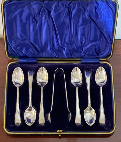Set of Six Edwardian Solid Silver Tea Spoons and Tongs, Feather Edge