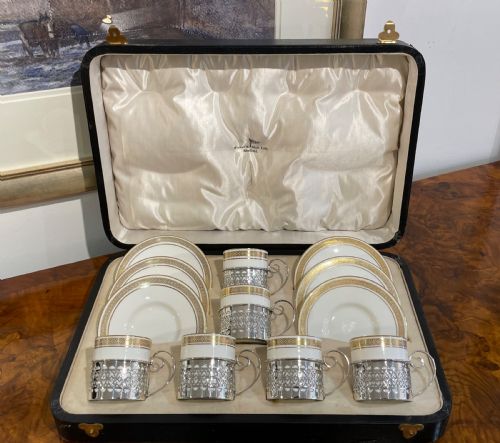 Set of George V Coffee Cans & Saucers with Silver Holders, 1925