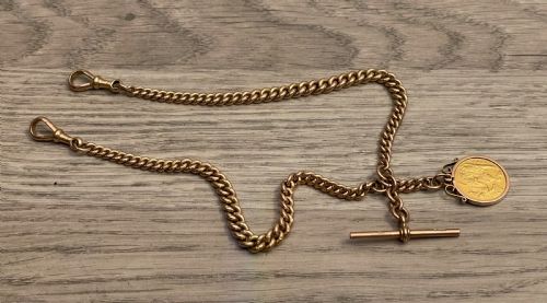 Edwardian 9ct Rose Gold Double Albert Chain, Chester with Half Sovereign 1903