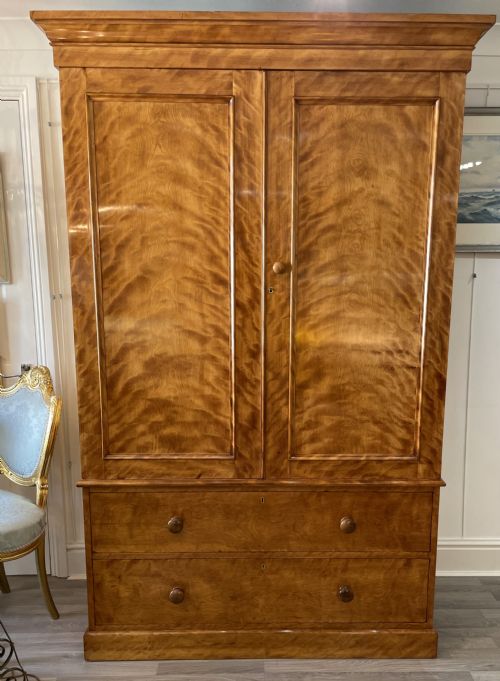 Impressive Victorian Satin Birch Linen Press Wardrobe by Heal & Sons