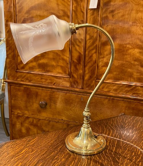 Edwardian Brass Table Lamp with Original Shade