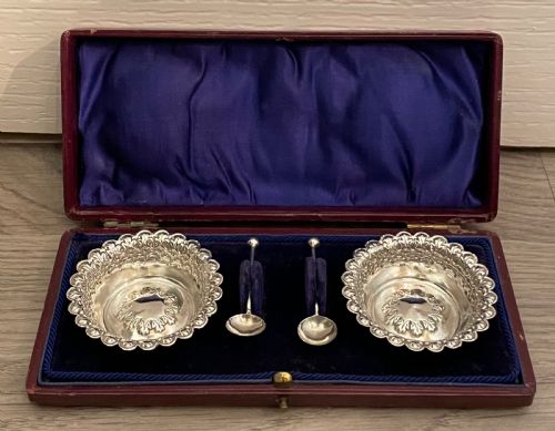 Pair of Victorian Silver Salts with Spoons, Cased, 1898