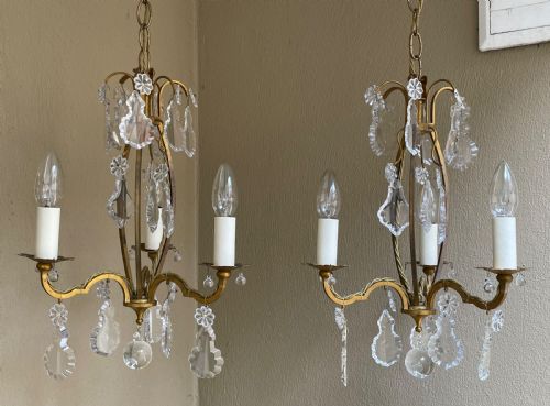 Quality Pair of Gilt Bronze & Crystal Chandeliers by Baccarat, France