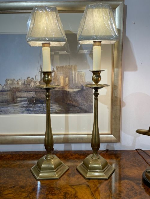 Rare Pair of Faraday & Son Adjustable Brass Table Lamps