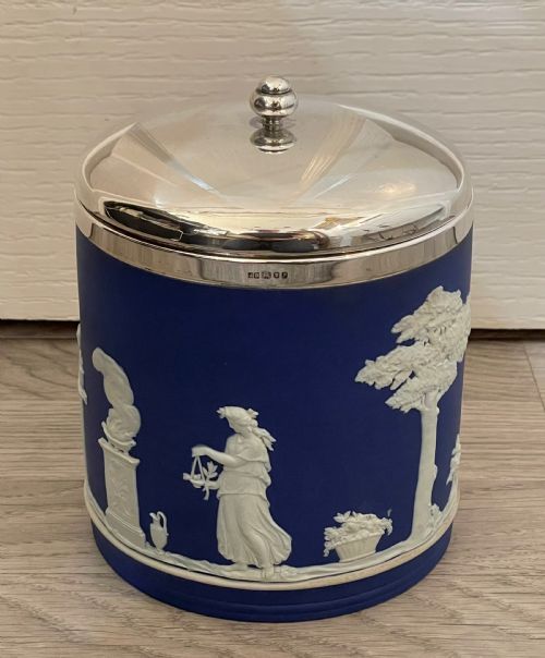 Rare Solid Silver Mounted Wedgwood Biscuit Barrel