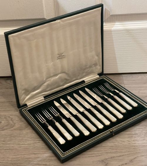 Art Deco Mother of Pearl & Silver Plate Dessert Set for Six
