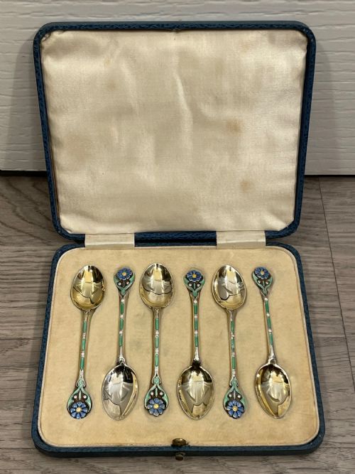 Very Pretty Set of Silver Gilt & Enamel Spoons