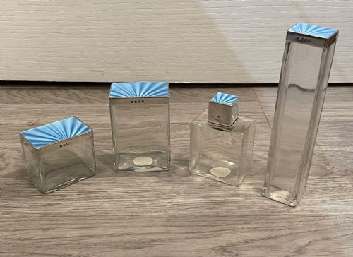 Art Deco Silver and Blue Enamel Dressing Tables Jars and Scent Bottle