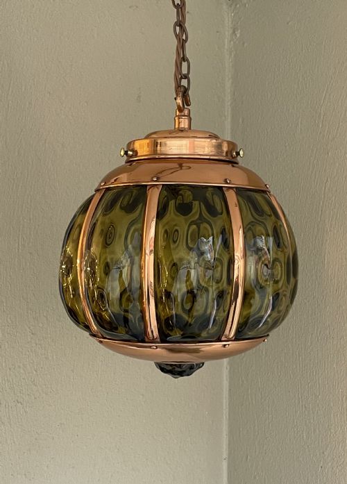 Art Nouveau Copper and Green Glass Lantern