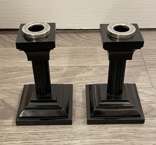 Pair of George V Ebony and Silver Candlesticks