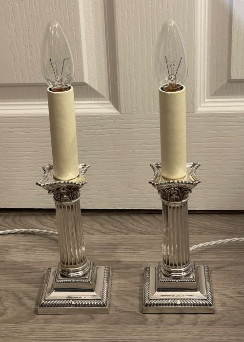 Pair of Edwardian Silver Plated Candlestick Lamps
