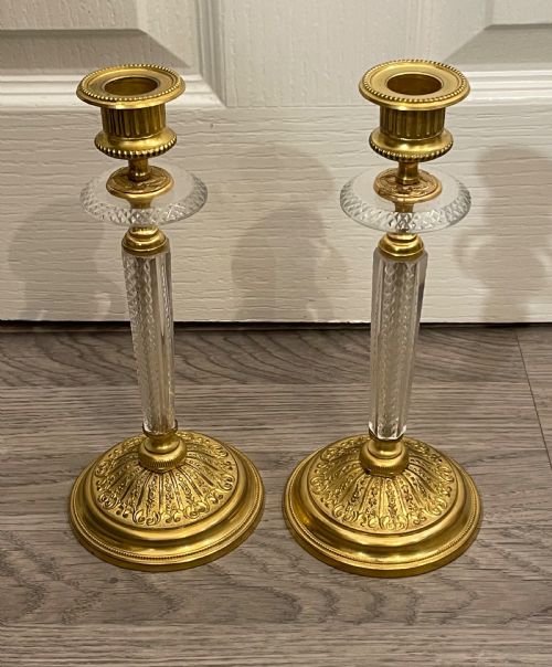 Stunning Pair of Ormolu & Crystal Glass Candlesticks