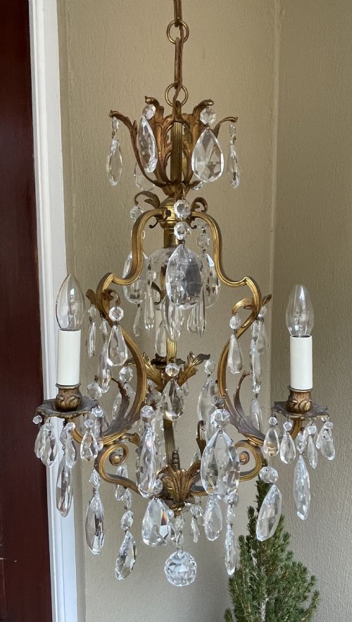 Quality French Gilded Brass & Crystal Four Light Birdcage Chandelier