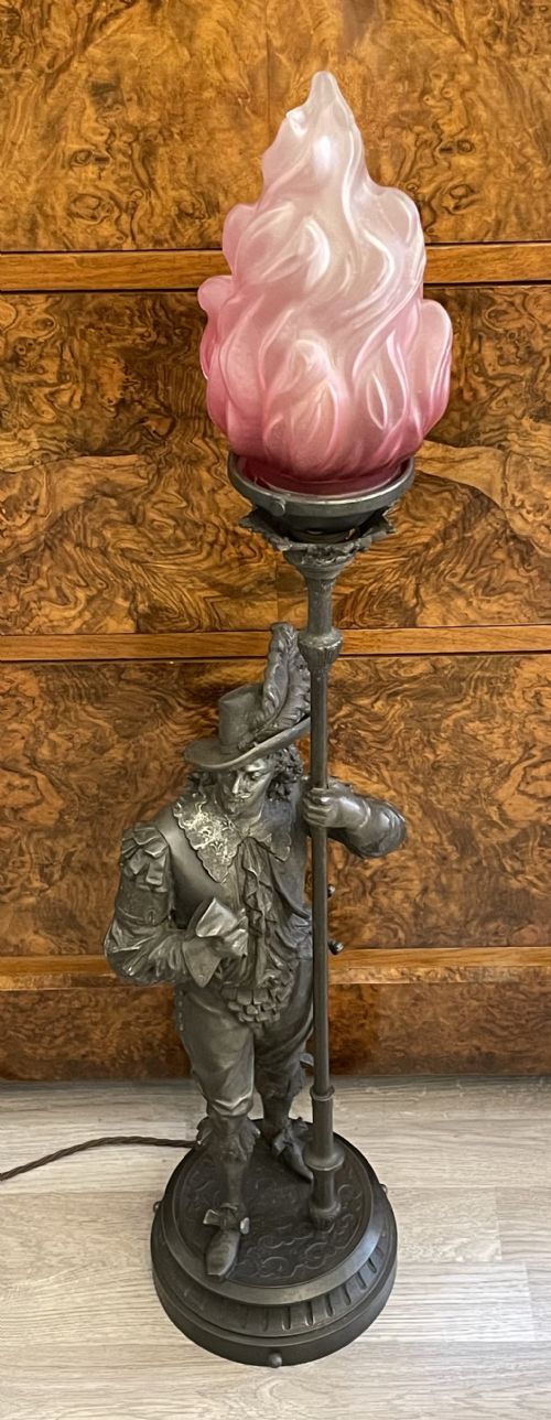 Cavalier Spelter Table Lamp with Ruby Glass Shade