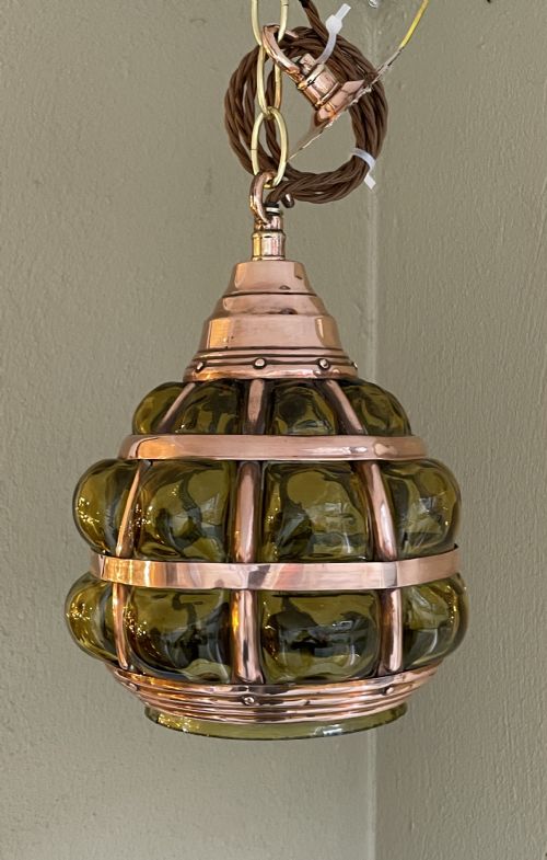 Arts and Crafts Copper and Green Glass Lantern Pendant