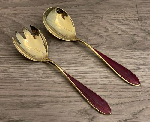 Beautiful Silver Gilt & Enamel Salad Servers