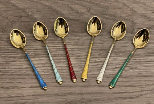 Set of Six Danish Silver Gilt Enamel Demitasse Spoons