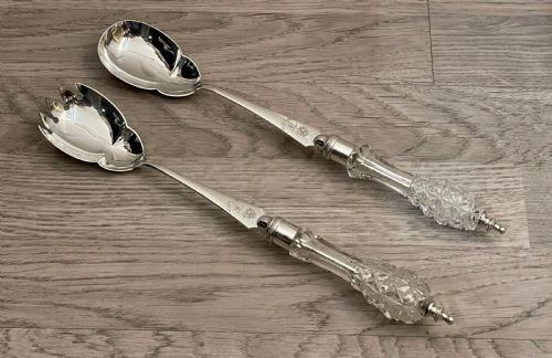Beautiful Pair of Victorian Silver and Cut Glass Salad Servers