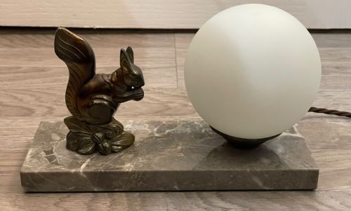 Art Deco Spelter Mood Lamp, Squirrel Signed Tedo