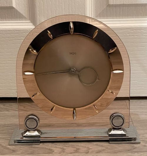 Art Deco Pink Rose Glass and Chrome Mantle Clock by Smiths