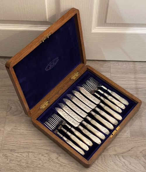 Cased Set of Six Victorian Silver Dessert Knives and Forks