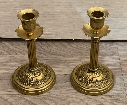 Stylish Pair of Victorian Brass Candlesticks, Hunting Scenes