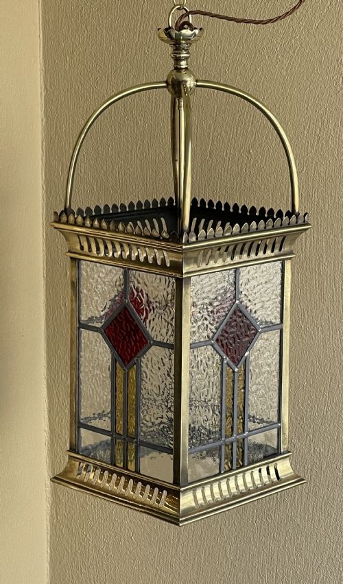 Edwardian Period Brass Hall Lantern with Stained Glass