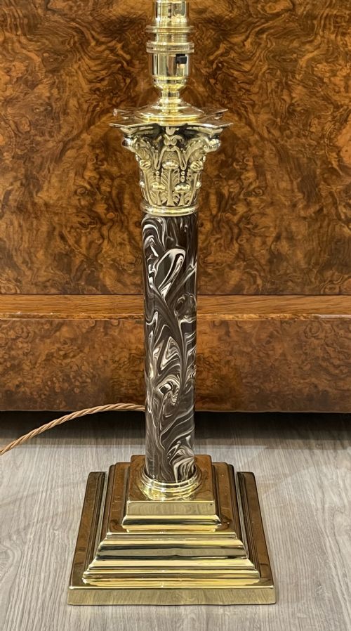 Edwardian Brass and Faux Marble Corinthian Table Lamp