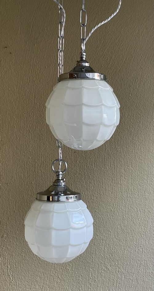 Pair of 1930s Opaline Fish Scale Shade Pendants