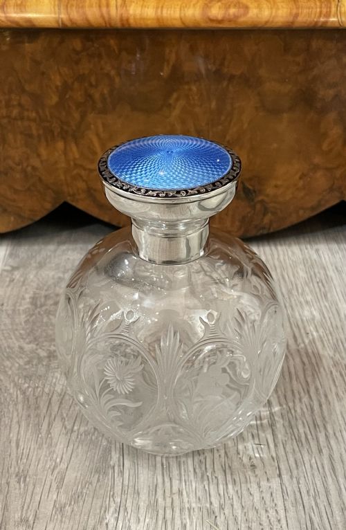 George V Silver & Blue Guilloche Enamel Scent Perfume Bottle 1924