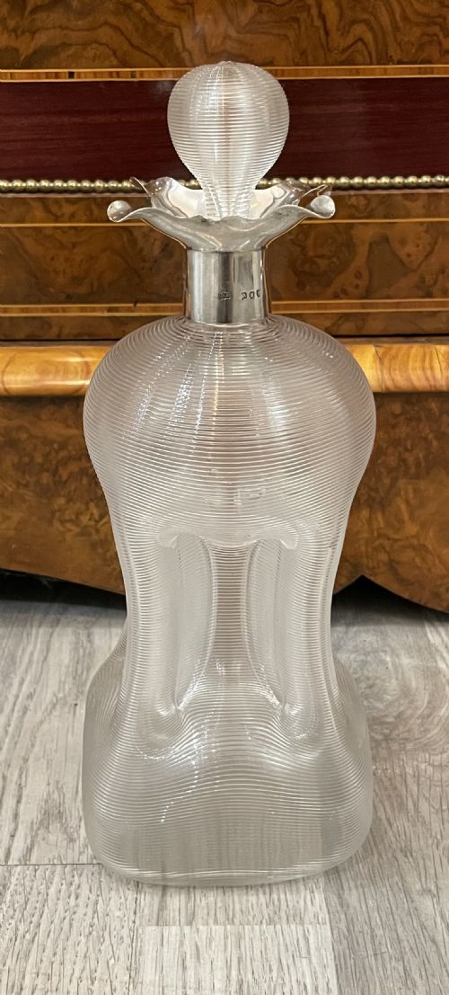 RARE VICTORIAN SILVER TOPPED RIBBED GLASS GLUG GLUG DECANTER 1892
