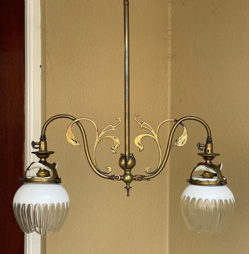Quality Art Nouveau Brass Hanging Gas Light Chandelier, Converted
