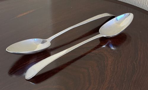 Pair of Irish Silver Feather Edge Basting Serving Spoons