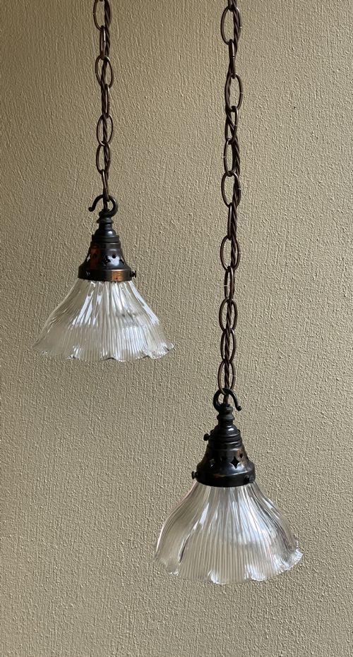 Pair of Edwardian Holophane Pendant Lights with Original Galleries