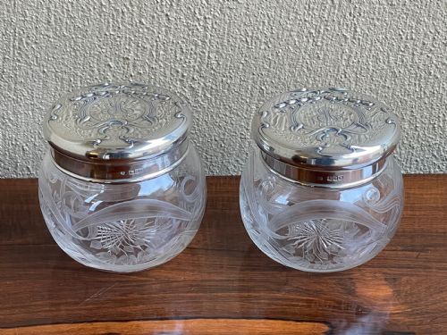 Exquisite Pair of Art Nouveau Silver Mounted Dressing Table Jars